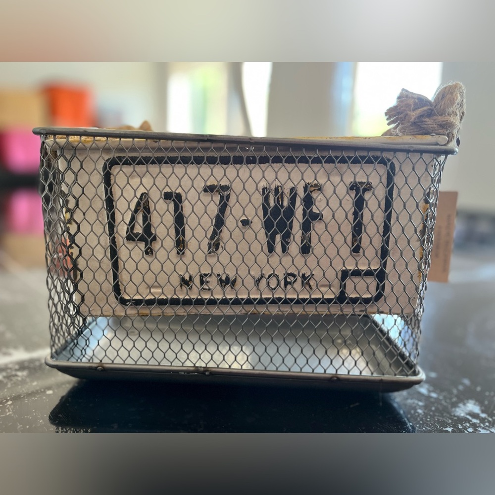 Vintage Style Metal Wire Basket with New York License Plate
